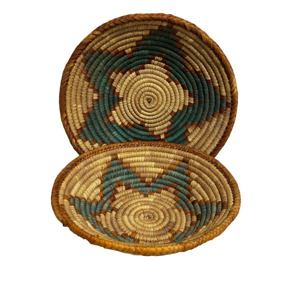 Vintage woven straw bowls shallow baskets tan & aqua blue southwestern rustic